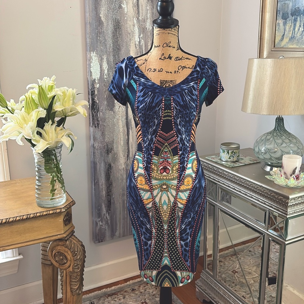 CACHE Designer sexy blue yellow green gold scarf animal print dress cruise XS 0
